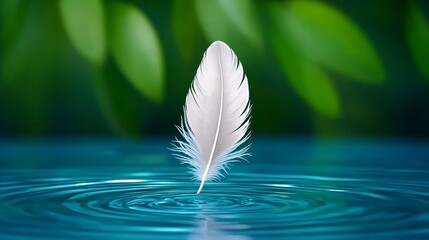 White Feather Floating on Calm Blue Water with Green Background
