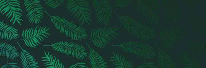 Tropical dark green vector banner, wide horizontal leaf print, foliage background gradient cover design