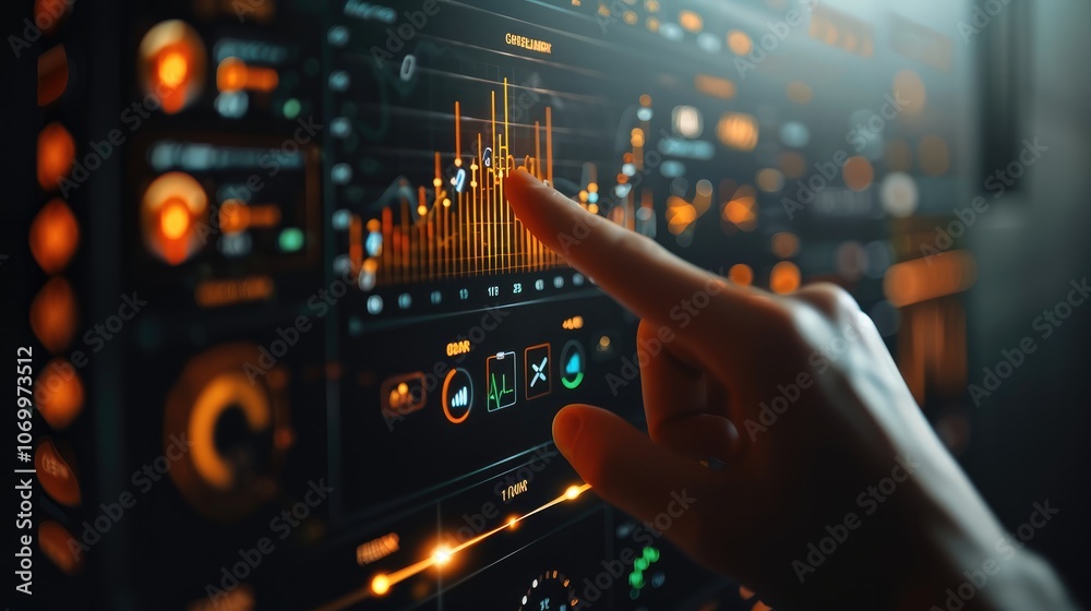 Poster Hand pointing at a digital screen with data graphs and bar charts on it, close-up of a finger touching the display showing a financial dashboard in an office.