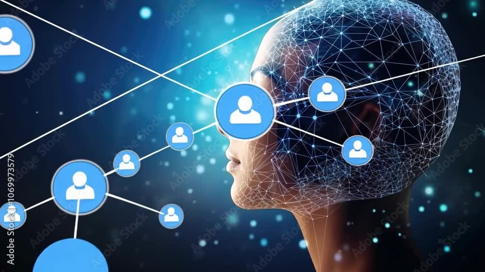 Poster artificial intelligence concept with a human head made of connecting lines and dots representing the