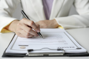 Business woman employer Check history resume hiring recruit looking cv resume to hire candidates, analyzing information before job interview. Recruitment concepts