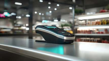 Obraz premium Futuristic hand-held payment device scanning in a sleek, modern retail setting, showcasing everyday tech -