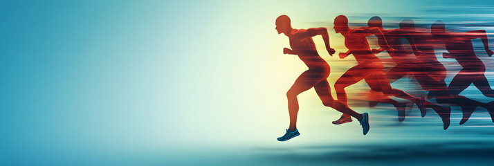 Motion sequence of a runner in action against gradient background, symbolizing speed, energy, and determination; perfect for themes of athletics, progress, and peak performance