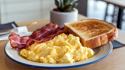 A delicious plate of scrambled eggs and crispy bacon served in a cozy restaurant ambiance, perfect for breakfast or brunch-themed photography. 
