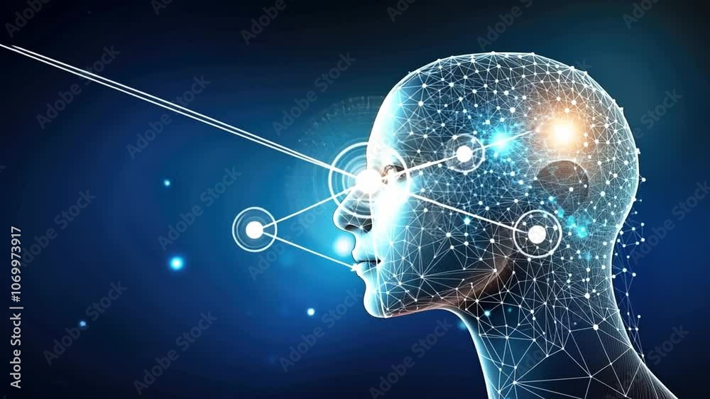 Poster artificial intelligence concept with a human head made of connecting lines and dots representing the