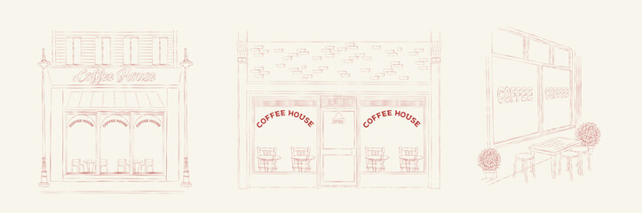 Collection of Coffee Houses in sketch style. Shop facade design. Line art illustration. Vector