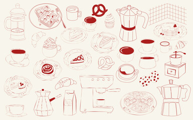 Collection of Coffee and deserts illustration. Food and drink sketch. Coffee aesthetic illustration. Editable Vector.