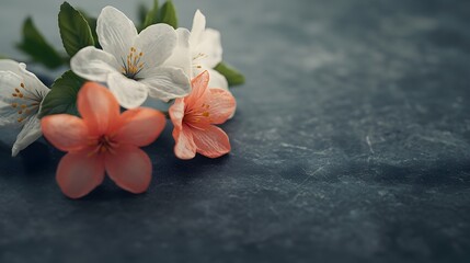 Fototapeta premium Delicate Pink and White Blossoms on Gray Surface