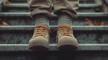 Fototapeta premium A man wearing shoes and socks is standing on a set of stairs