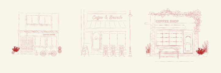 Collection of Coffee Houses in sketch style. Shop facade design. Line art illustration. Vector