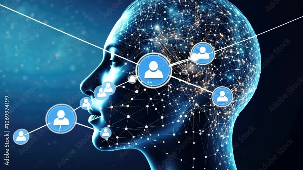 Poster artificial intelligence concept with a human head made of connecting lines and dots representing the