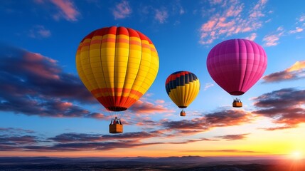 Obraz premium Colorful Hot Air Balloons Flying at Sunset Over Landscape