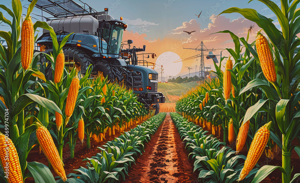Poster field of corn with a tractor in the foreground