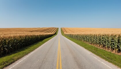 Fototapeta premium A paved road running between lush green and golden cornfields in the countryside under a bright blue sky during daytime. Generative AI