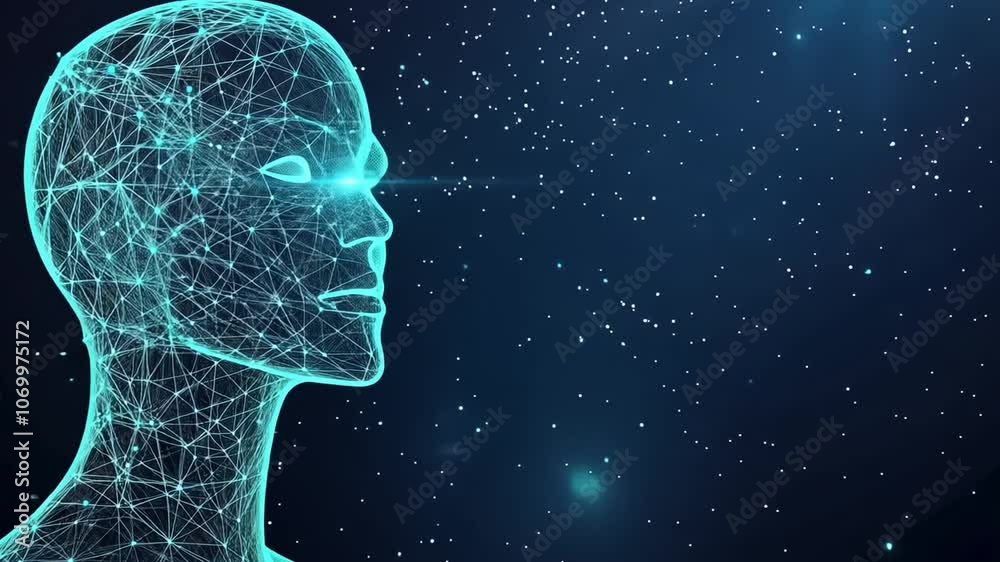 Poster artificial intelligence concept with a human head made of connecting lines and dots representing the
