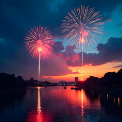 Fototapeta premium Spectacular fireworks light up the night sky over the river, casting vibrant reflections on the water