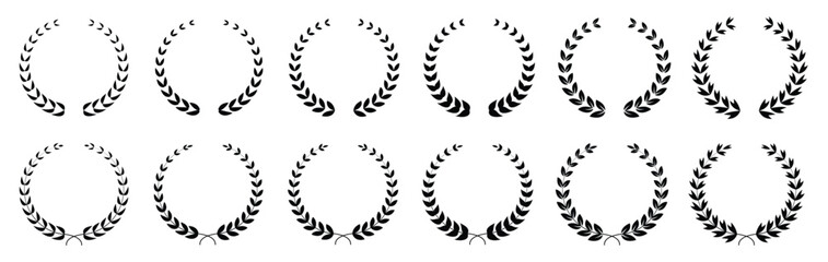 Set of circular foliate laurels branches. Laurel wreath. Set of black outline silhouette hand drawn laurel wreaths isolated Doodle floral frames.