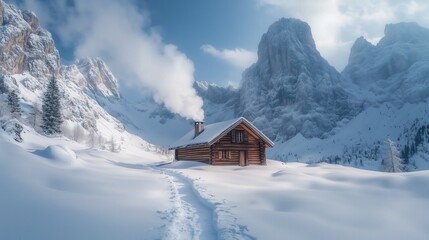 Snow-covered path leading to a small mountain cabin with a smoking chimney