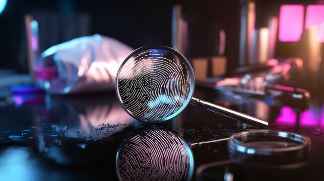 Fingerprint Under Magnifying Glass with Forensic Tools and Evidence