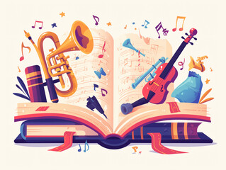 An illustration of an open book surrounded by musical instruments such as trumpets and violins, symbolizing the harmony between literature and music for culture & religion.