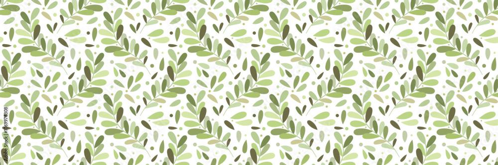 Poster Green leaf print banner, seamless vector repeat pattern with leaves, horizontal background design