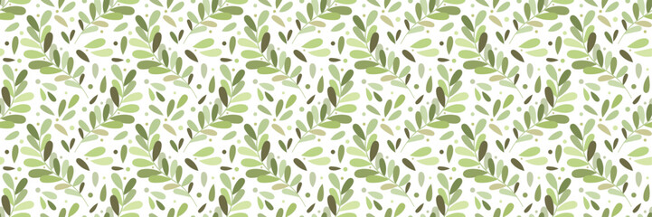 Green leaf print banner, seamless vector repeat pattern with leaves, horizontal background design