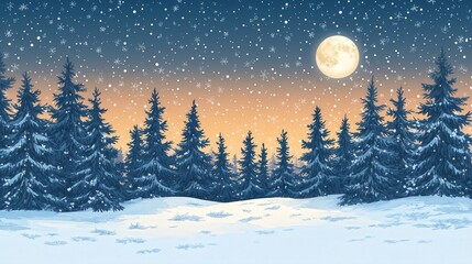 Naklejka premium Snow-covered pine trees under a starry winter sky with the moon shining