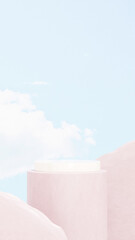 Background featuring an empty product display mockup with a pink backdrop and abstract geometric platforms designed for showcasing merchandise in portrait orientation.