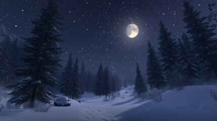 Snow-covered pine trees under a starry winter sky with the moon shining