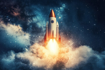 Obraz premium A rocket launches into the starry cosmos, emitting a fiery glow as it ascends through clouds, set against a breathtaking galactic backdrop.