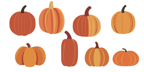 Vector collection of hand drawn pumpkins and autumn design elements set. Orange clip-art for Thanksgiving and Halloween fall design templates.