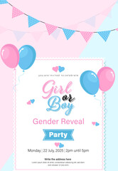 Girl or Boy gender reveal party invition vector template vertical design with garlands and balloons.