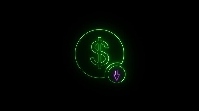 Animated of dollar neon glow money icon with arrow down business on black background