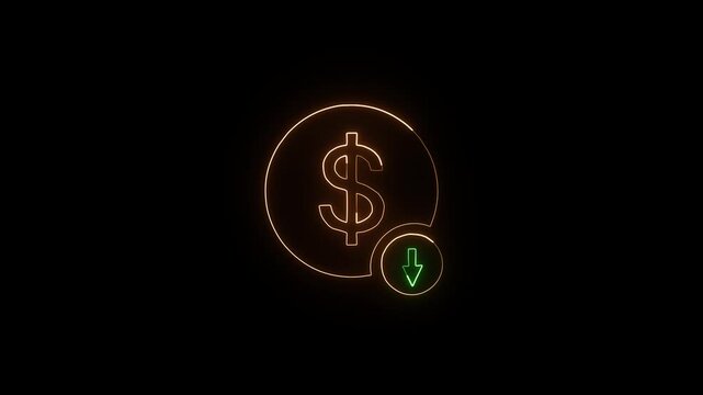 Animated of dollar neon glow money icon with arrow down business on black background