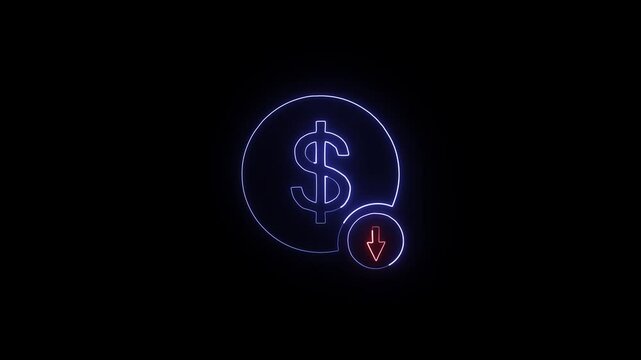 Animated of dollar neon glow money icon with arrow down business on black background