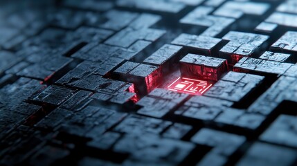 conceptual image of maze made of dark wooden blocks, featuring glowing center that symbolizes discovery and challenge. intricate design evokes sense of mystery and exploration