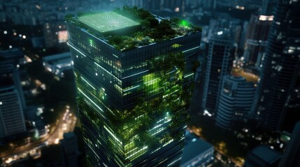 Fototapeta premium Aerial view of modern green building with lush vegetation at night, showcasing urban architecture and sustainability. illuminated structure stands out in city skyline