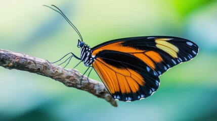 Obraz premium A vibrant butterfly perched on a branch, showcasing its striking orange and black wings.
