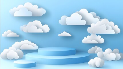 
Blue podium with paper cut clouds on sky background. Vector 3d product display podium, stage or scene with round pastel blue base and origami white clouds. Geometric shape presentation stand, platfor