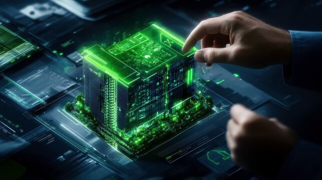 architect interacting with holographic model of green building design, showcasing innovative technology and sustainable architecture