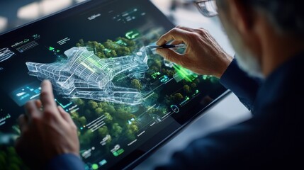 Engineers analyzing digital twin of building design on screen, showcasing advanced technology and environmental integration. scene reflects innovation and precision