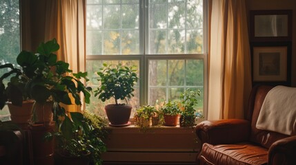 A cozy indoor scene featuring plants by a window, creating a serene atmosphere.