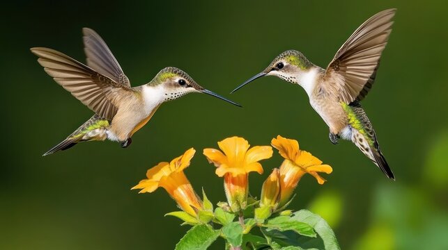 Two hummingbirds hovering near vibrant yellow flowers in a natural setting.