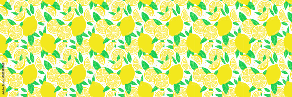 Poster lemon cartoon banner, vector repeat pattern, seamless horizontal background design