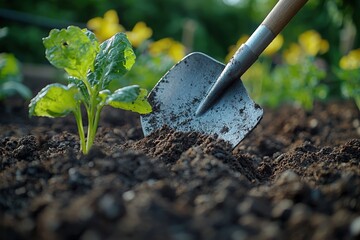 Gardener using a spade to turn soil near a young plant on a sunny morning