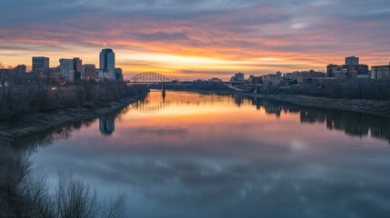 Fototapeta premium A serene sunset over a river reflecting city lights and clouds.