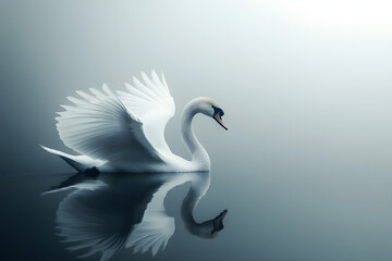 Obraz premium Elegant white swan gliding gracefully on a calm reflective lake, symbolizing peace, purity, and beauty, perfect for minimalist and serene wildlife photography