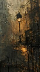 A Gloomy Cityscape with a Street Lamp Illuminating a Dark Alley