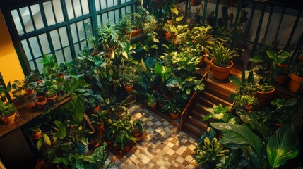 A lush indoor garden filled with various potted plants and greenery.