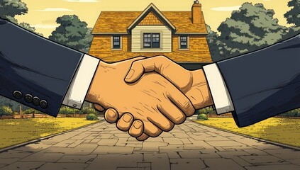 A cartoon-style illustration of two hands shaking, with one hand holding a contract and the other adorned in professional attire